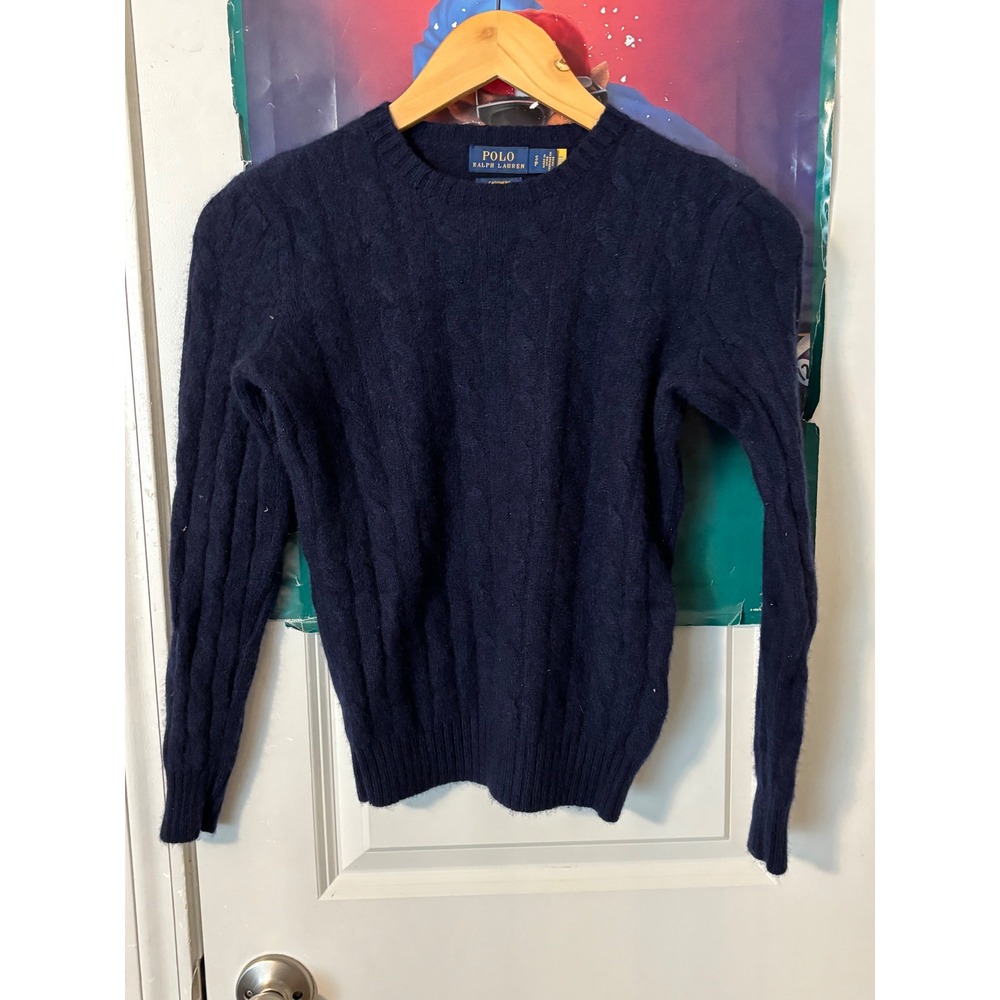 Polo Ralph Lauren Navy Blue Cashmere Cable Knit Crew Neck Sweater Womens S
